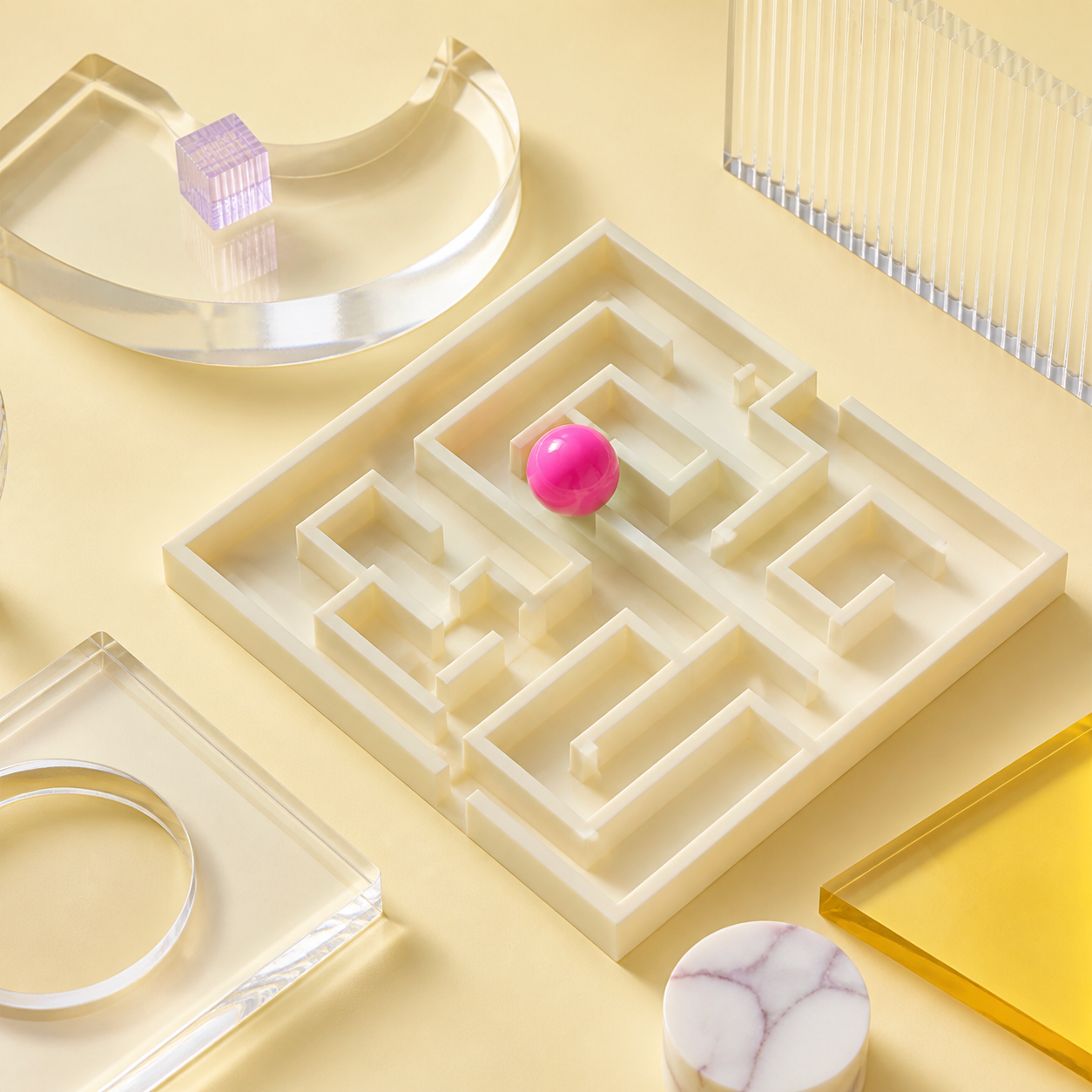 A bright geometric maze with a pink sphere