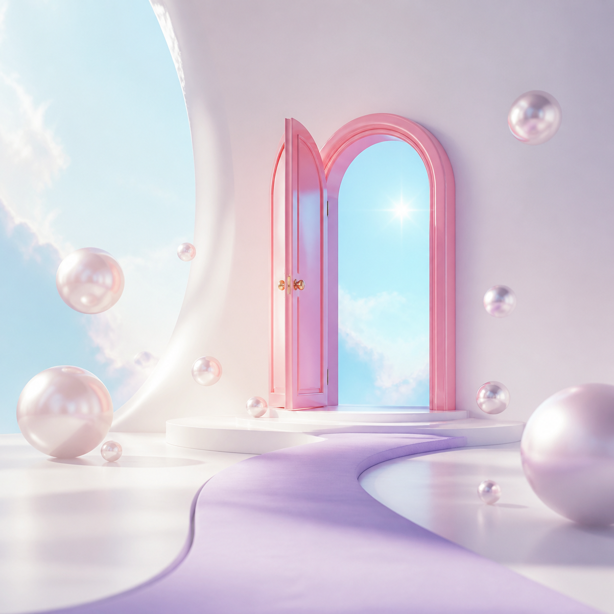 A pink doorway opening into a bright blue sky